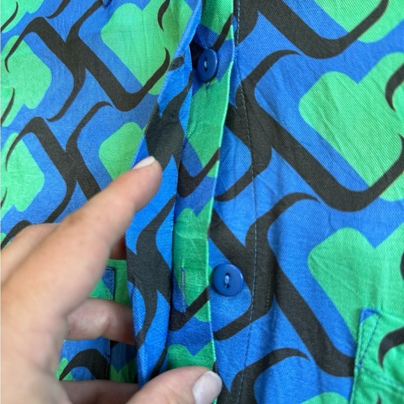 adL Blue, Green, Black Patterned Jumpsuit Romper with Cinched Waist and Collar. - Picture 2 of 8